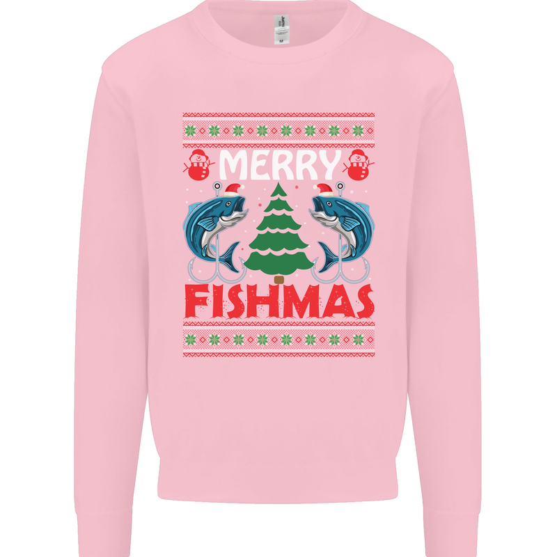 Merry Fishmas Funny Christmas Fishing Kids Sweatshirt Jumper Light Pink