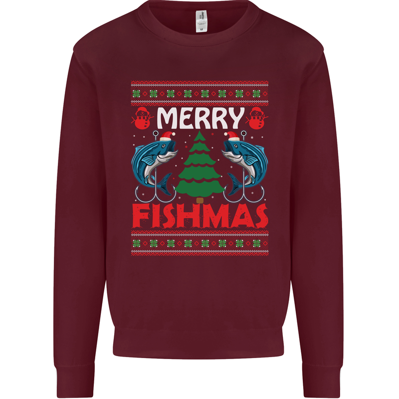 Merry Fishmas Funny Christmas Fishing Kids Sweatshirt Jumper Maroon