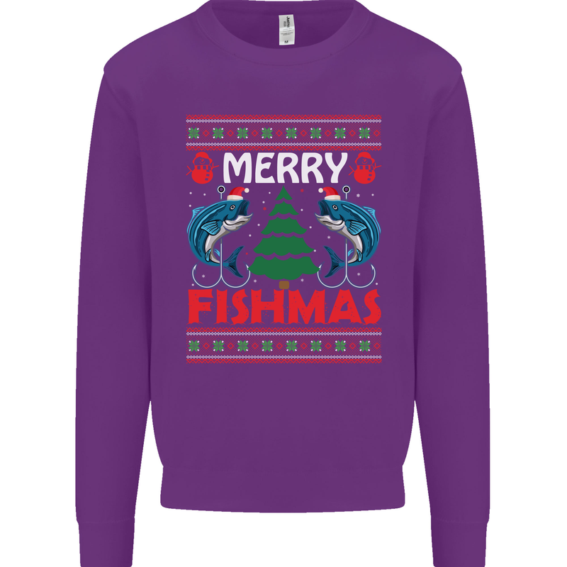 Merry Fishmas Funny Christmas Fishing Kids Sweatshirt Jumper Purple
