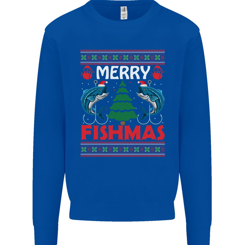 Merry Fishmas Funny Christmas Fishing Kids Sweatshirt Jumper Royal Blue