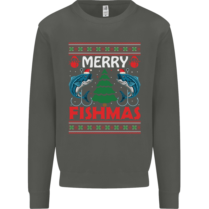 Merry Fishmas Funny Christmas Fishing Kids Sweatshirt Jumper Storm Grey