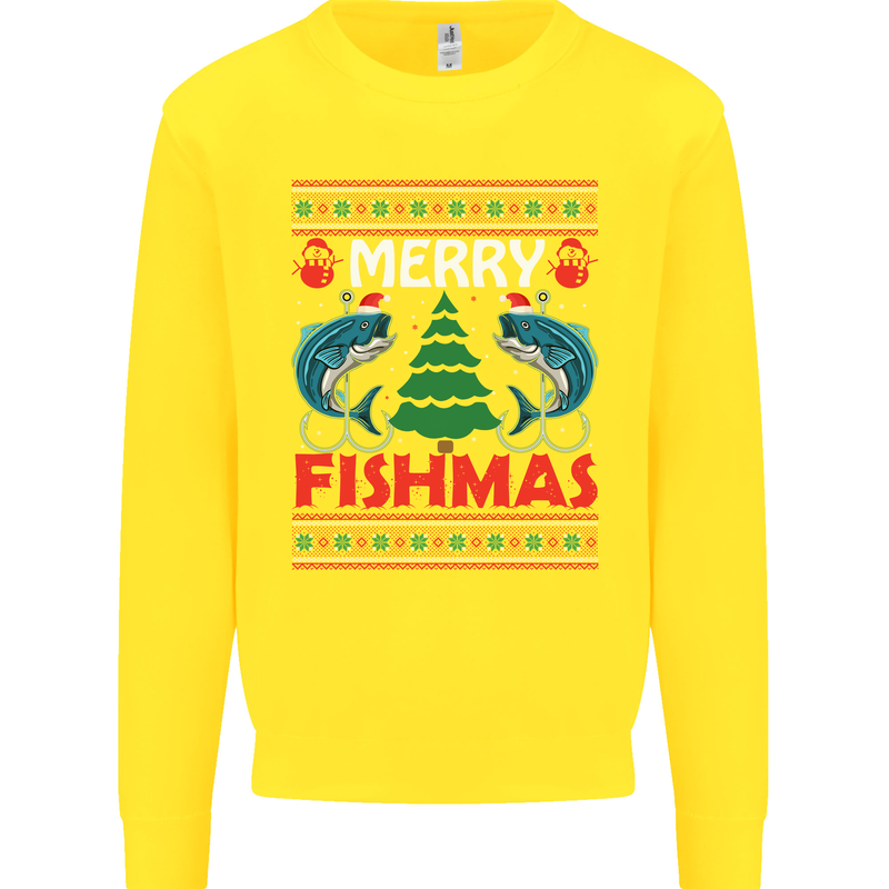Merry Fishmas Funny Christmas Fishing Kids Sweatshirt Jumper Yellow
