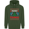 Merry Fishmas Funny Christmas Fishing Mens 80% Cotton Hoodie Forest Green