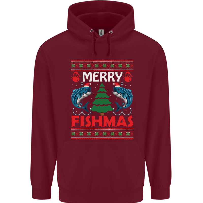 Merry Fishmas Funny Christmas Fishing Mens 80% Cotton Hoodie Maroon