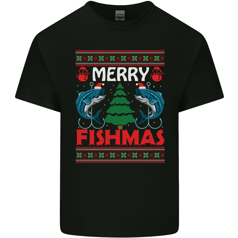 Merry Fishmas Funny Christmas Fishing Mens Cotton T-Shirt Tee Top Black