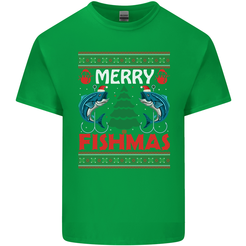 Merry Fishmas Funny Christmas Fishing Mens Cotton T-Shirt Tee Top Irish Green