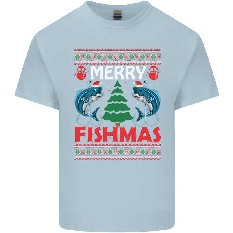 Merry Fishmas Funny Christmas Fishing Mens Cotton T-Shirt Tee Top Light Blue