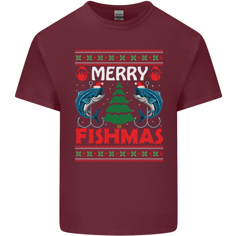Merry Fishmas Funny Christmas Fishing Mens Cotton T-Shirt Tee Top Maroon