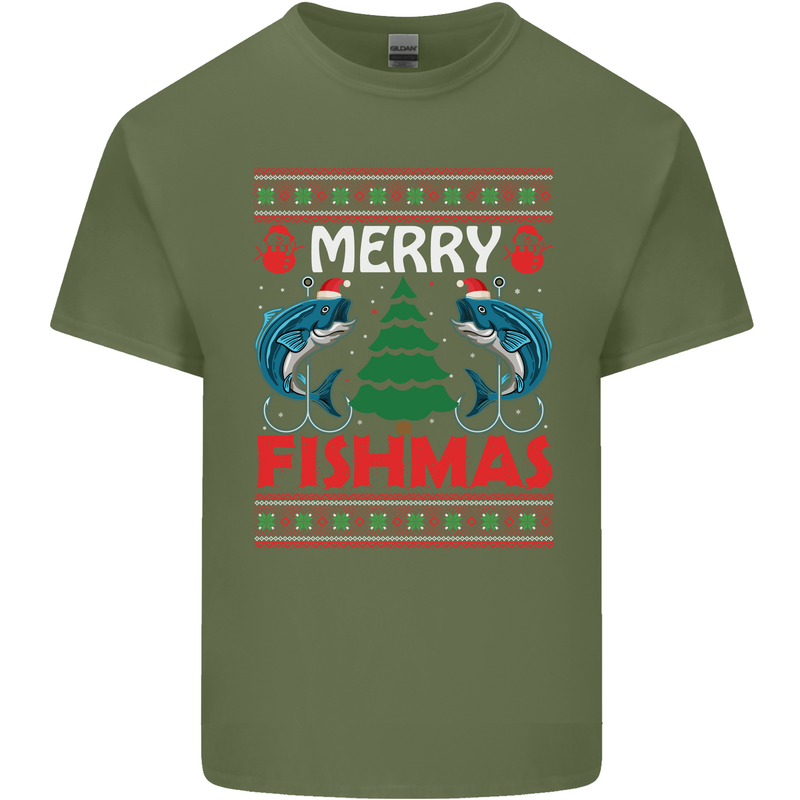Merry Fishmas Funny Christmas Fishing Mens Cotton T-Shirt Tee Top Military Green