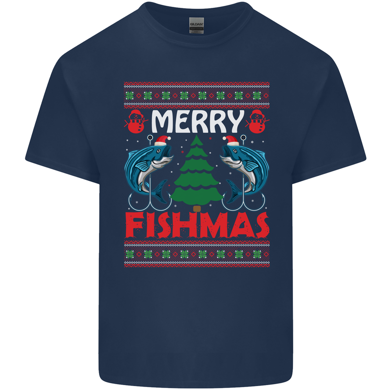 Merry Fishmas Funny Christmas Fishing Mens Cotton T-Shirt Tee Top Navy Blue