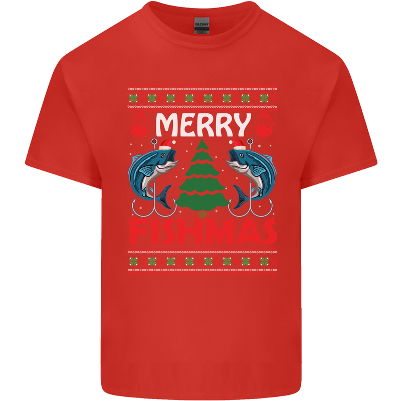 Merry Fishmas Funny Christmas Fishing Mens Cotton T-Shirt Tee Top Red