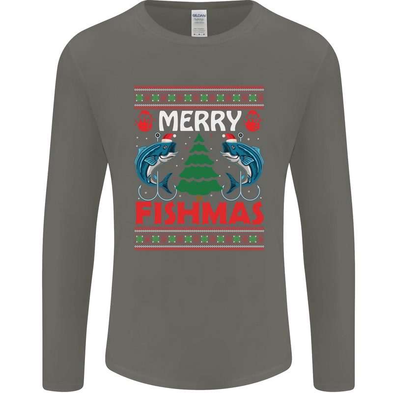 Merry Fishmas Funny Christmas Fishing Mens Long Sleeve T-Shirt Charcoal