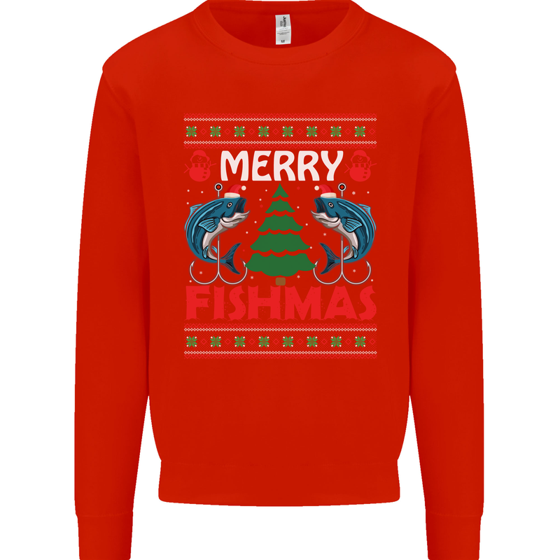 Merry Fishmas Funny Christmas Fishing Mens Sweatshirt Jumper Bright Red