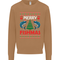 Merry Fishmas Funny Christmas Fishing Mens Sweatshirt Jumper Caramel Latte