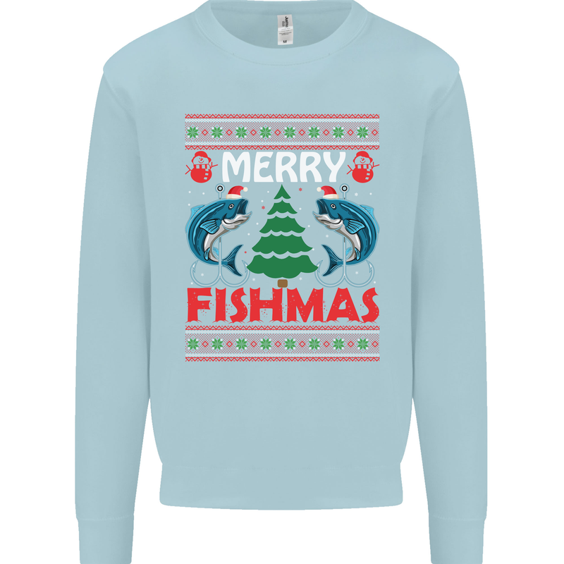 Merry Fishmas Funny Christmas Fishing Mens Sweatshirt Jumper Light Blue