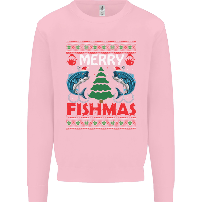 Merry Fishmas Funny Christmas Fishing Mens Sweatshirt Jumper Light Pink