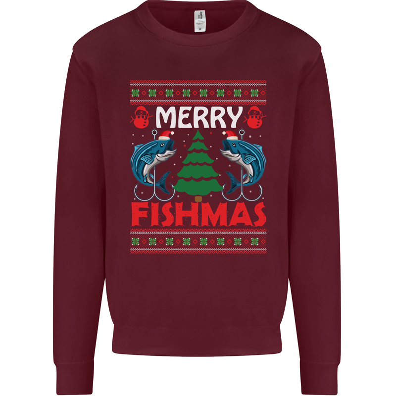 Merry Fishmas Funny Christmas Fishing Mens Sweatshirt Jumper Maroon