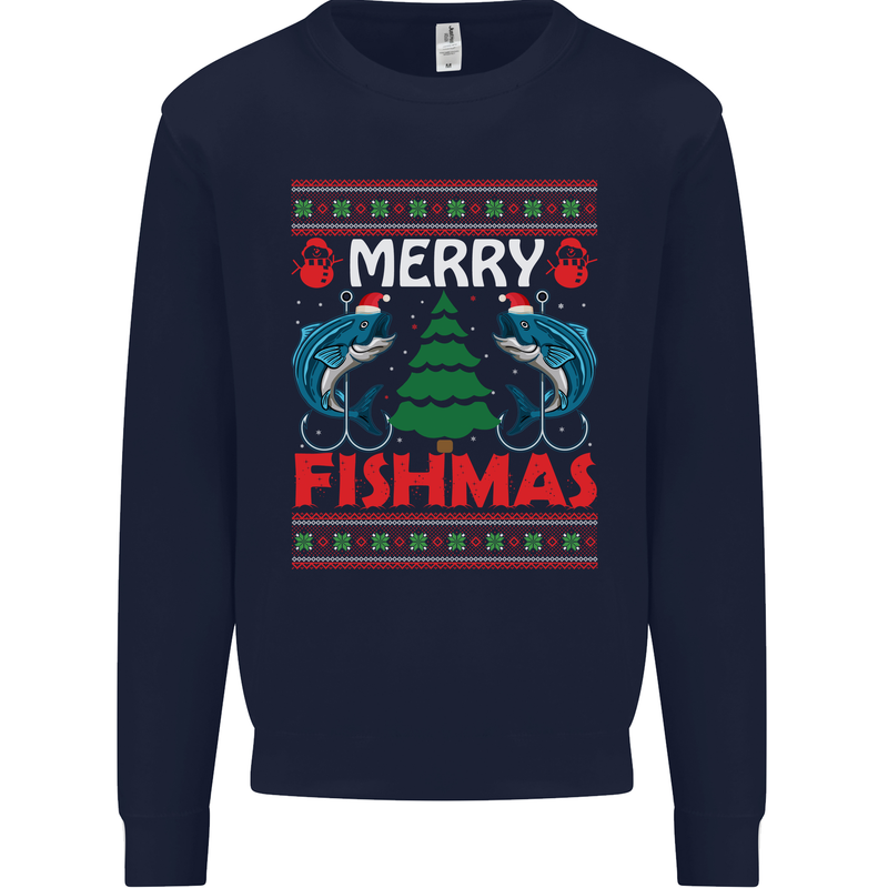 Merry Fishmas Funny Christmas Fishing Mens Sweatshirt Jumper Navy Blue
