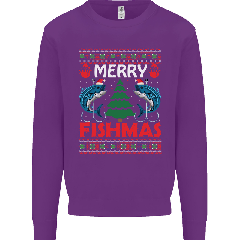 Merry Fishmas Funny Christmas Fishing Mens Sweatshirt Jumper Purple