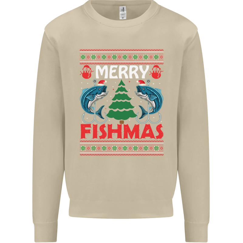 Merry Fishmas Funny Christmas Fishing Mens Sweatshirt Jumper Sand