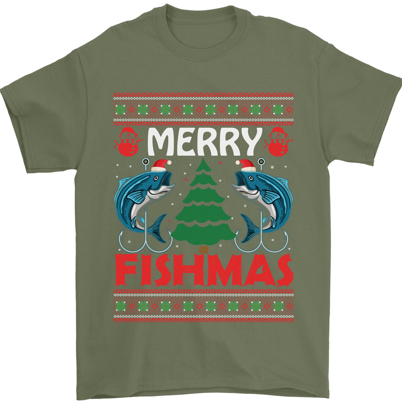 Merry Fishmas Funny Christmas Fishing Mens T-Shirt Cotton Gildan Military Green