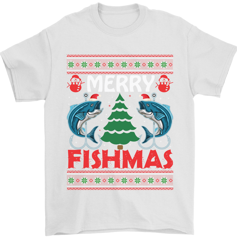 Merry Fishmas Funny Christmas Fishing Mens T-Shirt Cotton Gildan White