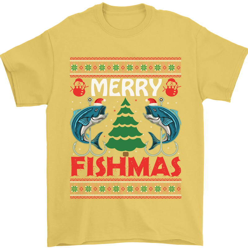 Merry Fishmas Funny Christmas Fishing Mens T-Shirt Cotton Gildan Yellow