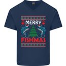Merry Fishmas Funny Christmas Fishing Mens V-Neck Cotton T-Shirt Navy Blue