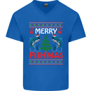 Merry Fishmas Funny Christmas Fishing Mens V-Neck Cotton T-Shirt Royal Blue