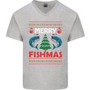 Merry Fishmas Funny Christmas Fishing Mens V-Neck Cotton T-Shirt Sports Grey