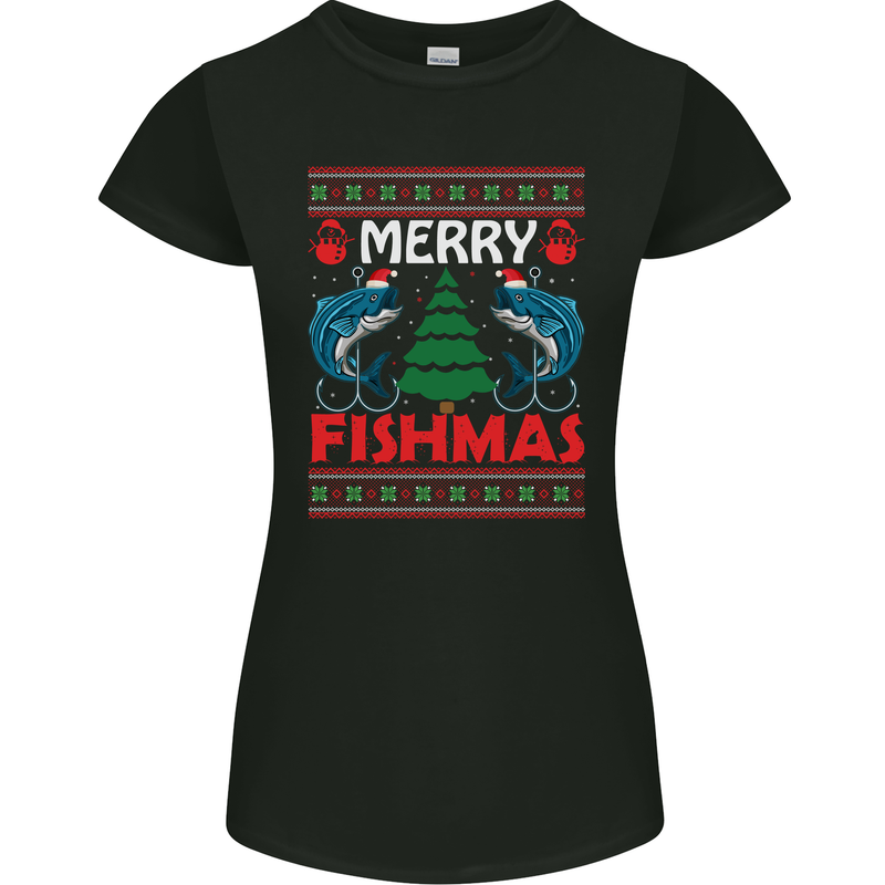 Merry Fishmas Funny Christmas Fishing Womens Petite Cut T-Shirt Black