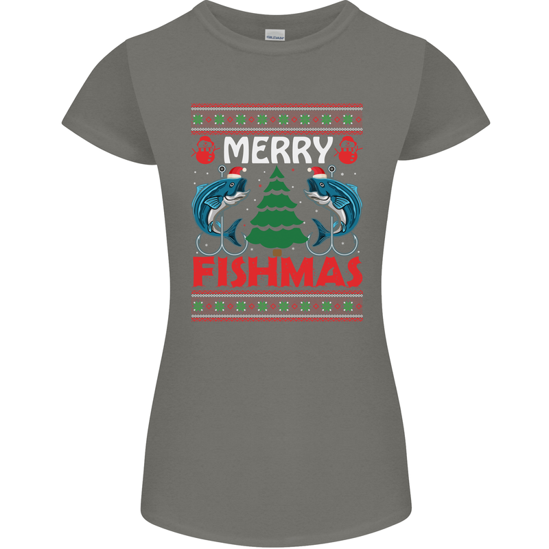 Merry Fishmas Funny Christmas Fishing Womens Petite Cut T-Shirt Charcoal