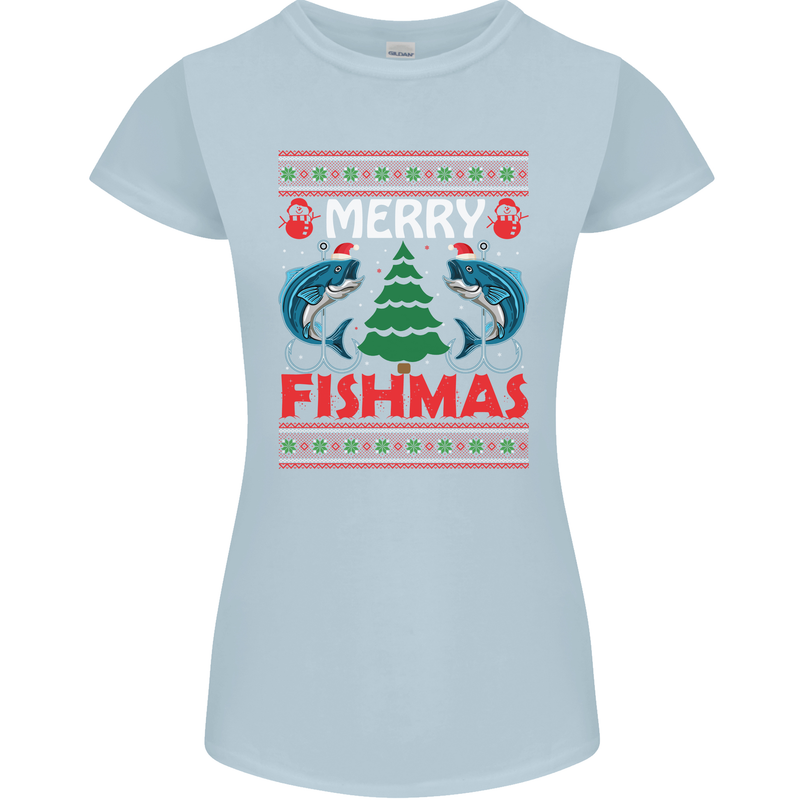 Merry Fishmas Funny Christmas Fishing Womens Petite Cut T-Shirt Light Blue