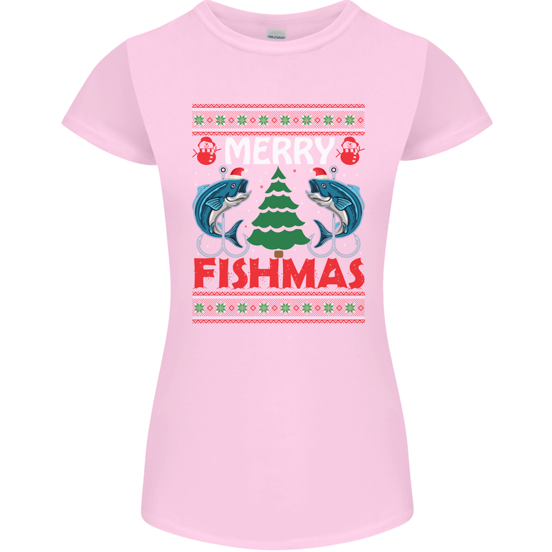 Merry Fishmas Funny Christmas Fishing Womens Petite Cut T-Shirt Light Pink