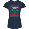 Merry Fishmas Funny Christmas Fishing Womens Petite Cut T-Shirt Navy Blue