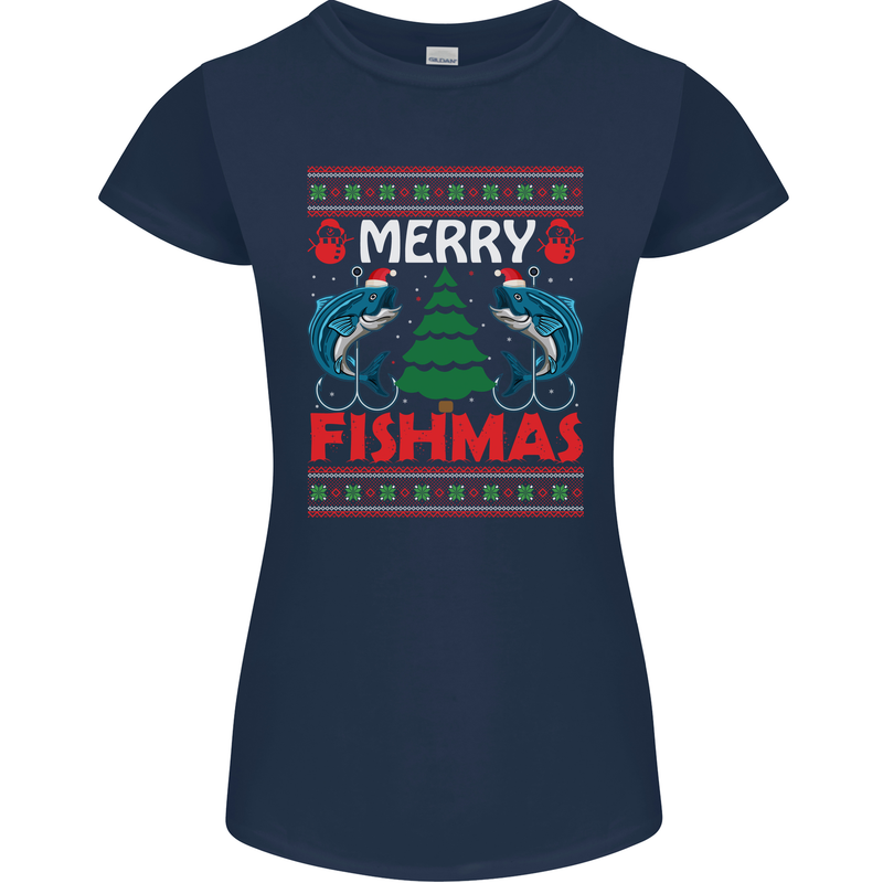Merry Fishmas Funny Christmas Fishing Womens Petite Cut T-Shirt Navy Blue