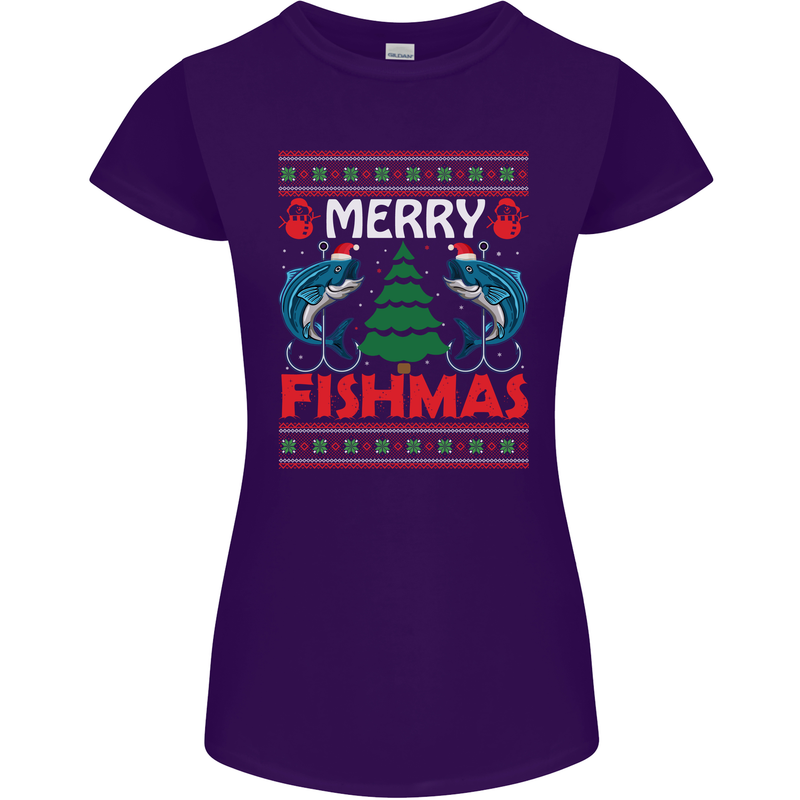Merry Fishmas Funny Christmas Fishing Womens Petite Cut T-Shirt Purple