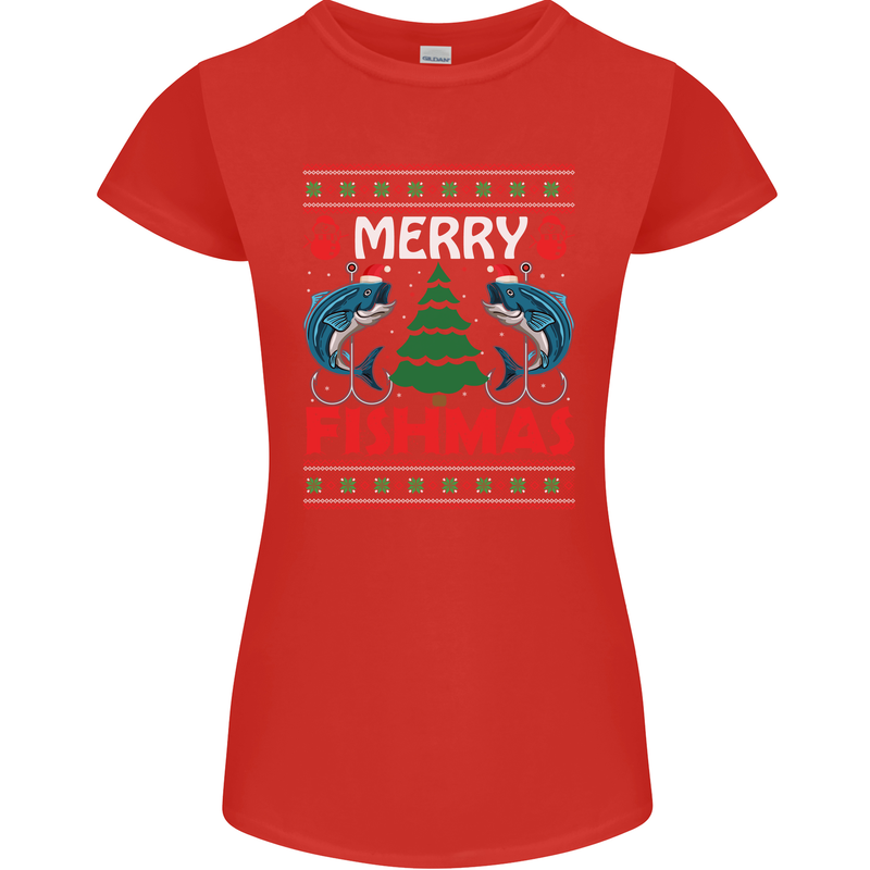 Merry Fishmas Funny Christmas Fishing Womens Petite Cut T-Shirt Red