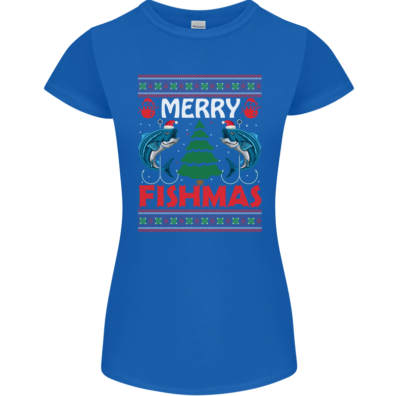 Merry Fishmas Funny Christmas Fishing Womens Petite Cut T-Shirt Royal Blue