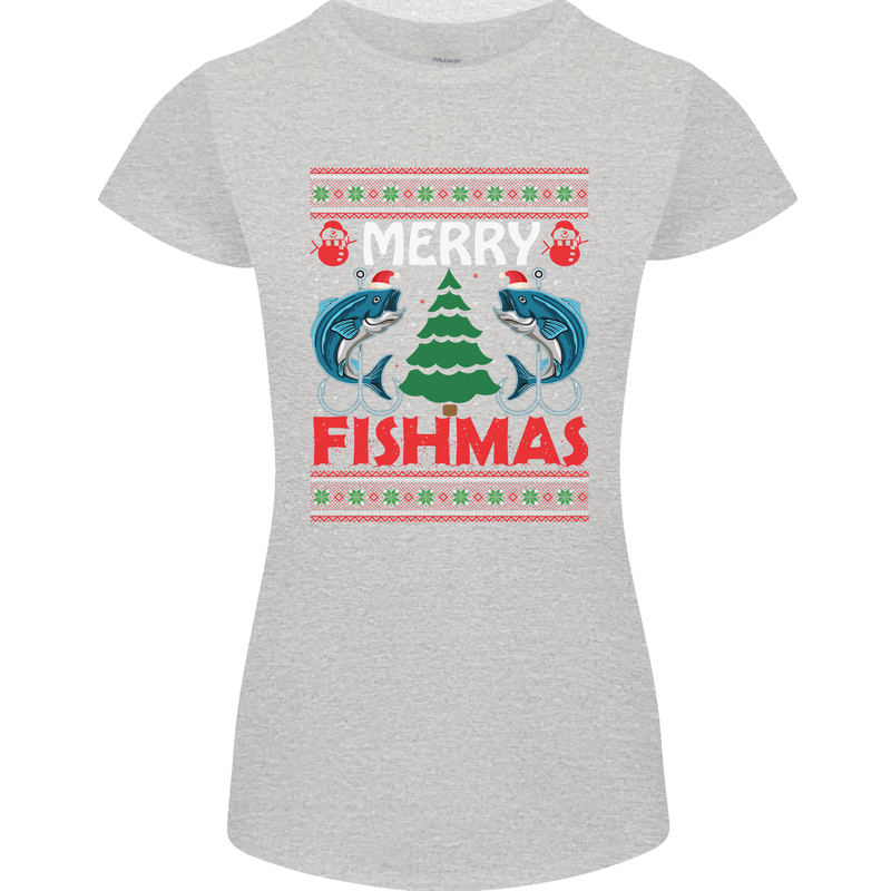 Merry Fishmas Funny Christmas Fishing Womens Petite Cut T-Shirt Sports Grey