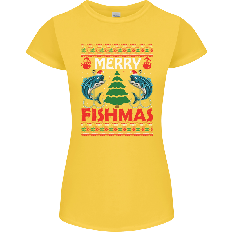 Merry Fishmas Funny Christmas Fishing Womens Petite Cut T-Shirt Yellow