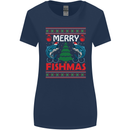 Merry Fishmas Funny Christmas Fishing Womens Wider Cut T-Shirt Navy Blue