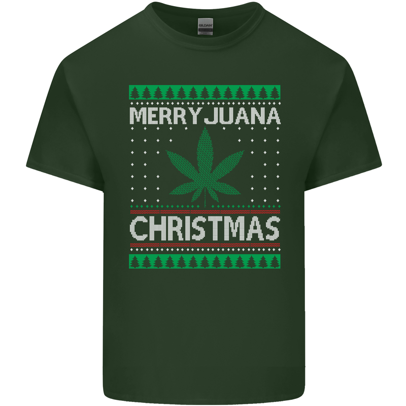 Merry Juana Christmas Funny Weed Cannabis Mens Cotton T-Shirt Tee Top Forest Green