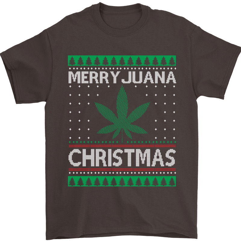 Merry Juana Christmas Funny Weed Cannabis Mens T-Shirt Cotton Gildan Dark Chocolate