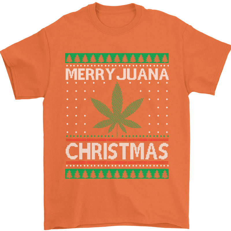 Merry Juana Christmas Funny Weed Cannabis Mens T-Shirt Cotton Gildan Orange