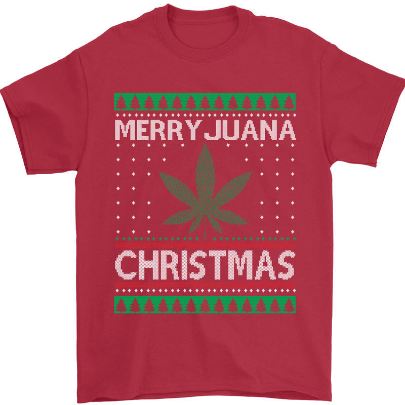Merry Juana Christmas Funny Weed Cannabis Mens T-Shirt Cotton Gildan Red