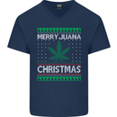 Merry Juana Christmas Funny Weed Cannabis Mens V-Neck Cotton T-Shirt Navy Blue