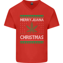 Merry Juana Christmas Funny Weed Cannabis Mens V-Neck Cotton T-Shirt Red