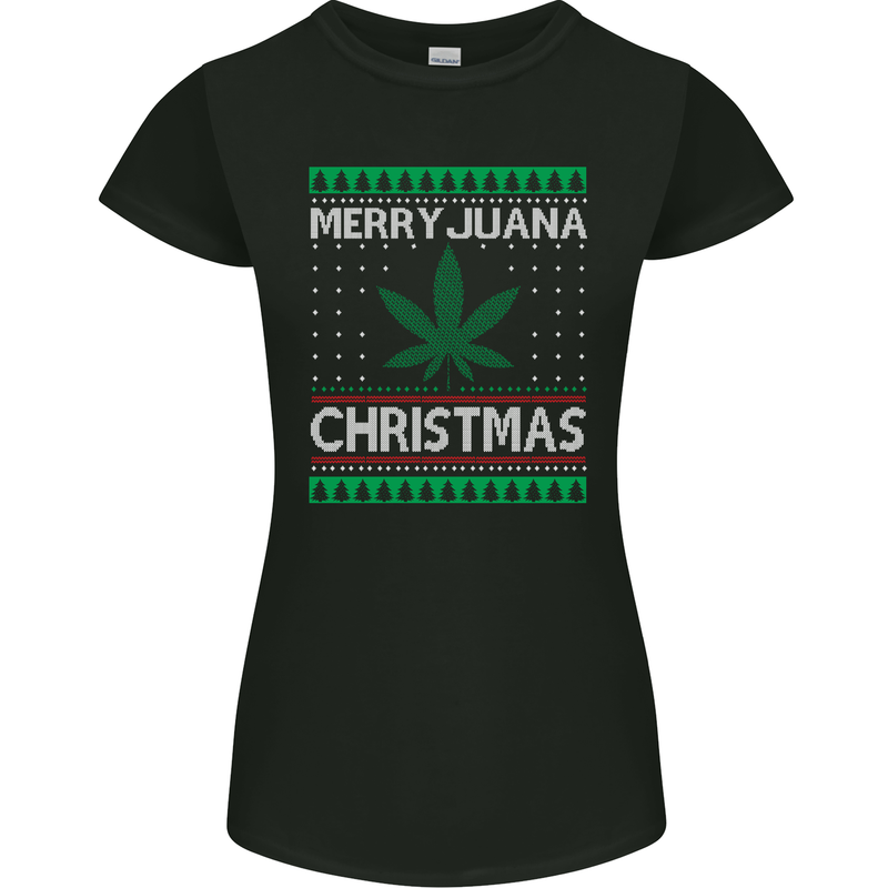 Merry Juana Christmas Funny Weed Cannabis Womens Petite Cut T-Shirt Black