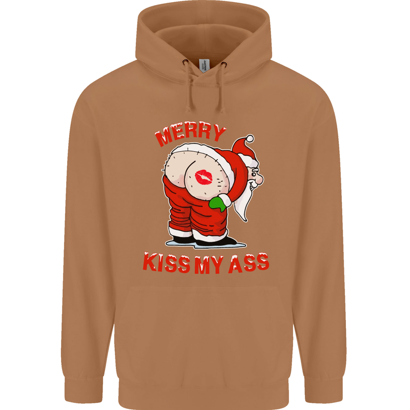 Merry Kiss My Ass Funny Christmas Mens 80% Cotton Hoodie Caramel Latte